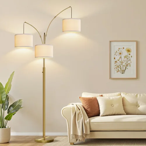Vista 13 de Lámpara de pie regulable: 3 luces de arco para sala de estar, lámpara de pie alta moderna de 1000 lm con pantallas blancas y base pesada, lámpara