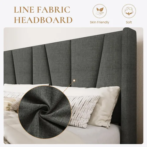 Vista 4 de SHA CERLIN Base de cama tamaño Queen con cabecera geométrica con respaldo de ala, plataforma tapizada con soporte de listones de madera, espacio Gris