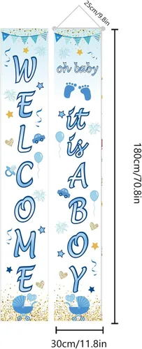 Vista 5 de Cartel de bienvenida para baby shower, 70.8 x 11.8 pulgadas, cartel de porche de Oh Baby It's a Boy, colgante de puerta para decoración de fiesta
