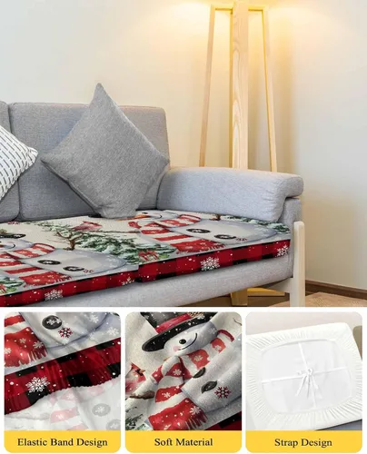 Vista 4 de Fundas de cojín para sofá de Navidad, muñeco de nieve, funda elástica para sofá con parte inferior elástica, diseño de árbol de Navidad, pájaros