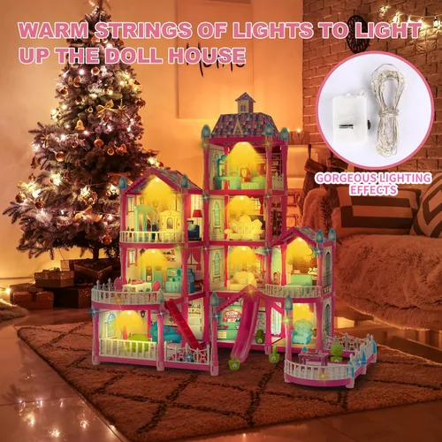Vista 6 de OCTERIC Casa de Muñecas para Niñas, Casa de Muñecas Rosa de 10 Habitaciones con 2 Muñecas, Luces, Cachorros, Muebles, Accesorios, Casa