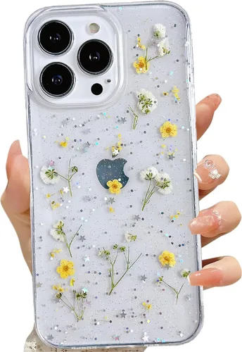 Vista 29 de LSEEKA Funda transparente para iPhone 11 con diseño de flores prensadas reales, linda y brillante, patrón floral rosa, funda protectora delgada