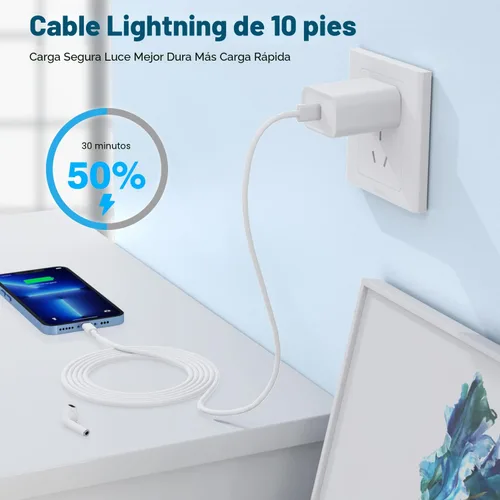 Vista 4 de Cargador rápido para iPhone, cargador extra largo para iPhone, carga rápida, 10 pies, paquete de 2 cargadores de teléfono i de 10 pies, adaptador