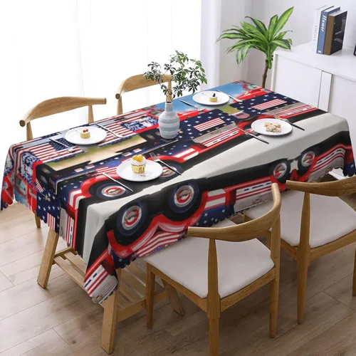 Vista 2 de Mantel rectangular de encaje de poliéster con diseño patriótico de camión del 4 de julio, 54 x 72 pulgadas, resistente a las arrugas, lavable
