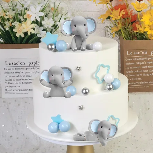 Vista 3 de 32 piezas de decoración de pastel de elefante con mini elefante, bolas de perlas azules y blancas para suministros de cumpleaños con temática