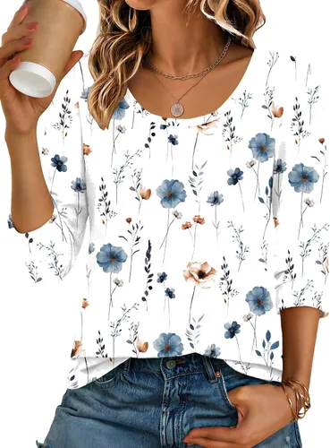 Vista 12 de Ekouaer Camisetas básicas casuales de manga 3/4 para mujer, cuello redondo Rayado Caqui