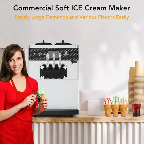 Vista 4 de 3 Head Commercial Soft Serve Ice Cream Machine, Countertop with Auto Clean Function & Night Pre-Cooling, Touch LCD Panel, 5.8-7.9 Gal/Hour High