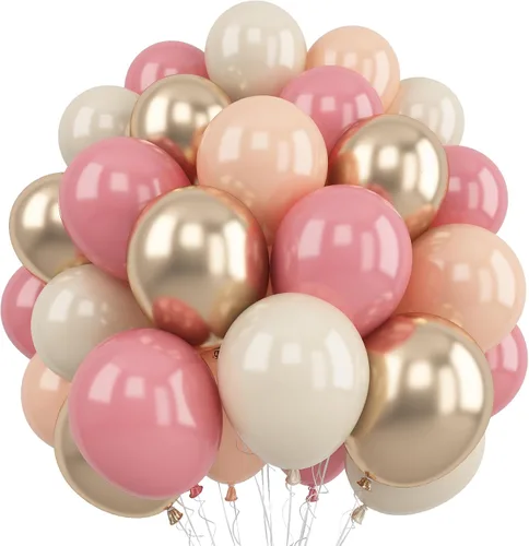 Vista 29 de Globos rosa y dorado, globo de látex rosa claro pastel de 12 pulgadas y blanco arena perla con globo metálico dorado champán beige para princesas