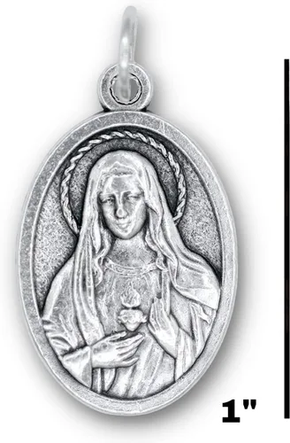 Vista 6 de Paquete de 5 medallas del Corazón de María y el Sagrado Corazón de Jesús Colgantes católicos oxidados de plata de 1 pulgada para collar y rosario