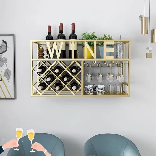 Vista 8 de Estantes de metal para vino, estantes de bar montados en la pared con soporte colgante para copas de vino, estante de exhibición de botellas