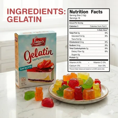 Vista 2 de LIEBERS Gelatina sin sabor, gelatina sin azúcar, Kosher, polvo de gelatina pura sin gluten, sin sabor, caja de 1 onza, contiene 2 paquetes.