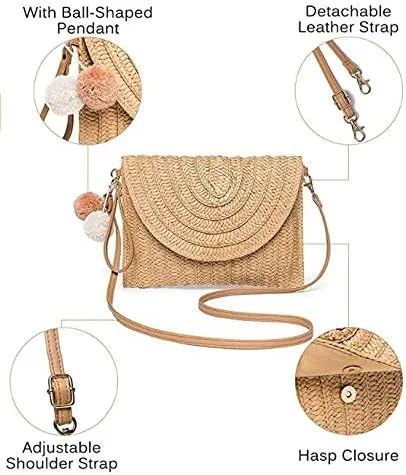 Vista 6 de MOBEBI Bolsa tejida de ratán, bolsa de hombro, bolsa de pajita, bolsa de verano para la noche, bolso de mano, tejido de pajita, bolsa de paja