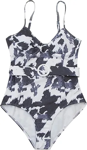 Vista 2 de Traje de baño para mujer, vintage, cuello en V, sexy, de malla, transparente, monokini con control de abdomen, Azul