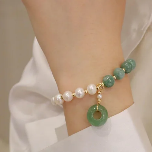 Vista 7 de Pulsera de perlas de jade birmano, pulsera elástica con cuentas de piedras preciosas, pulsera elástica, pulsera para mujer, Piedra