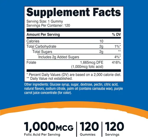 Vista 2 de Nutricost Gomitas vegetarianas de ácido fólico (vitamina B9) (120 gomitas, 1 mg de ácido fólico por porción), suplemento para hombres y mujeres