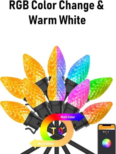 Vista 5 de Guirnalda de luces C9 para Navidad personalizada, 33 pies, 50 LED, controladas por aplicación, cambio de color, control de grupo, luces de cadena