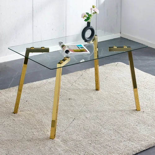 Vista 6 de Juego de mesa de comedor de 4, mesa rectangular de 51 pulgadas con superficie de vidrio templado y patas de metal dorado, mesa de cocina con 4