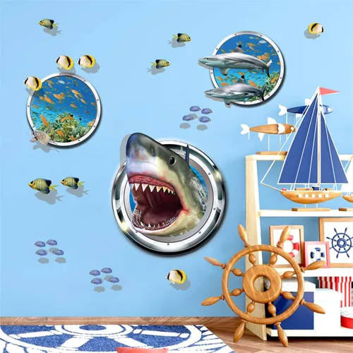 Vista 2 de Calcomanías de pared 3D con diseño de tiburón, peces tropicales, bricolaje, decoración artística para niños, dormitorio, sala