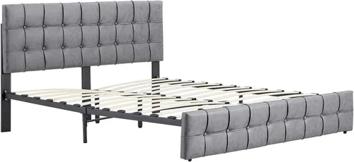 Vista 5 de Anwick Moderna cama de plataforma tapizada con cabecera ajustable, marco de cama tamaño King, marco de cama de tela tecnológica con botones