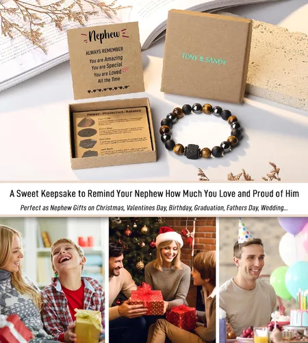 Vista 6 de TONY & SANDY Pulsera de piedra natural para niño, hijo, nieto, sobrino, hermano, novio, marido, abuelo, tío, papá, aniversario, cumpleaños, Navidad