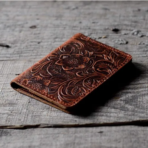 Vista 5 de JJNUSA Cartera de cuero minimalista hecha a mano para hombre, tarjetero, carteras desgastadas para regalos, Flor café., Minimalista