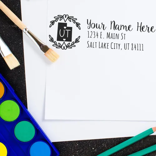 Vista 12 de State of Alabama Wreath Duo Hand Address Stamp - Personalized Rubber Stamp Montaje manual Duo