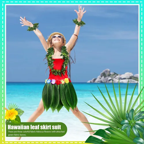 Vista 7 de 6 piezas de disfraz hawaiano de luau para mujer, incluye falda hula, top de flores, collar y pulsera para Halloween, niños y niñas, cosplay