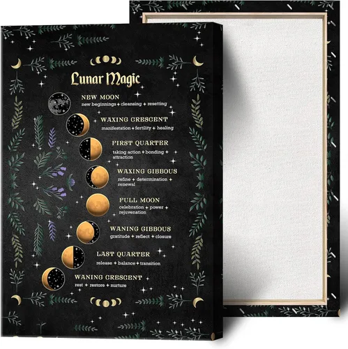 Vista 11 de Viokalt Arte de Pared de Brujería Vintage Divertido Póster de Lienzo de Fases Lunares Luna Niña Gótica Magia Bruja Impresiones Pintura Para Hogar