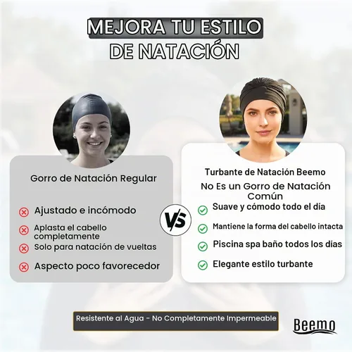 Vista 11 de BEEMO Gorros de natación para mujer, turbante de natación, de poliéster, con forro de látex, plisado para mujer Negro
