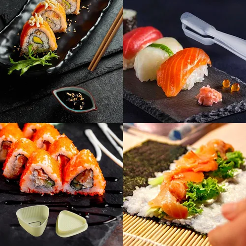 Vista 6 de Kit de fabricación de sushi, kit de sushi mejorado con guía que incluye rodillo de bazooka, molde de corte, esteras de bambú, fabricante de Musubi
