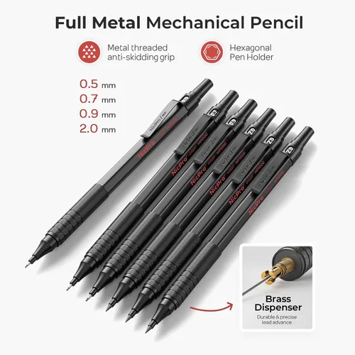 Vista 2 de Nicpro - Juego de 30 lápices mecánicos negros de metal en estuche de cuero, lápices de dibujo artístico de 0.5, 0.7, 0.9 mm, portaminillas