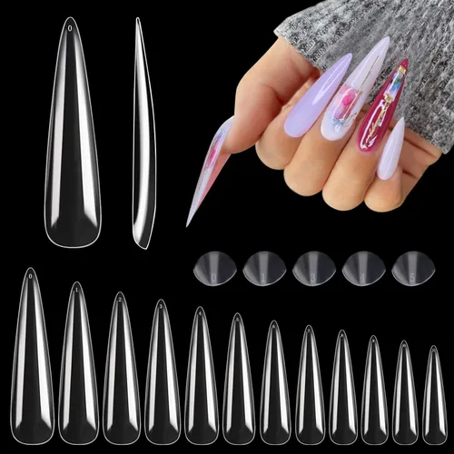 Vista 8 de 312 piezas de puntas de uñas de tacón extra largas para uñas acrílicas profesionales, puntas de uñas de tacón de media cubierta 4XL, extensión