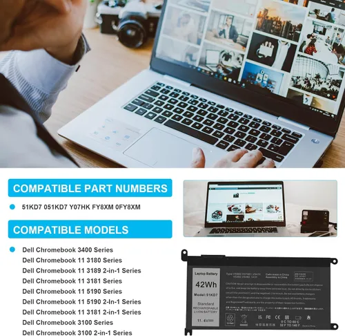 Vista 6 de Fancy Buying 51KD7 - Batería de repuesto para laptop Dell Chromebook 11 3100 3180 3189 5190 3181 2 en 1 14 3400 Series P28T001 Y07HK FY8XM 0FY8XM
