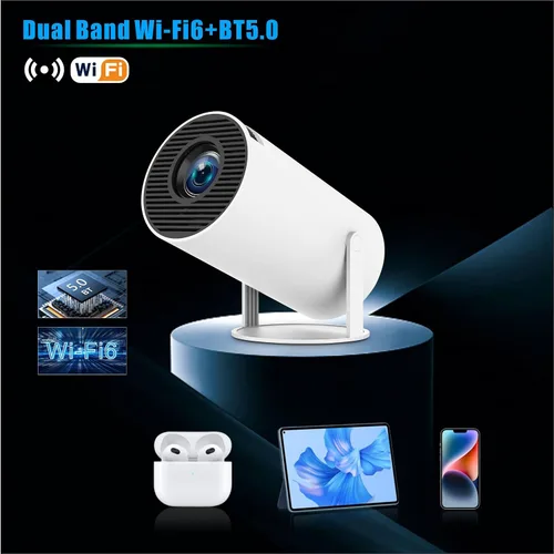 Vista 5 de Mini proyector HY300PRO actualizado 2025 con WiFi y Bluetooth, proyector portátil 4K, rotación de 180 grados, corrección trapezoidal automática