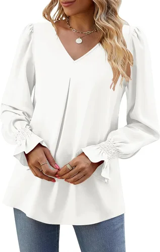 Vista 4 de Funlingo Blusas de mujer con mangas largas 2025, elegantes y casuales, con cuello en V, túnica suelta de gasa para el trabajo
