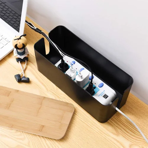 Vista 4 de PowerKing Organizador de cajas de gestión de cables, tapa de bambú, soporte grande para cables de almacenamiento para escritorio, TV, computadora