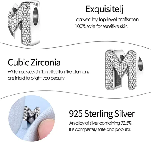 Vista 6 de Dijes con iniciales del alfabeto, letras completas de la A a la Z, plata de ley 925, circonitas cúbicas, colgantes para pulseras europeas Pandora