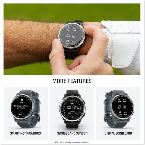 Vista 4 de Garmin Approach® S44, reloj inteligente GPS esencial para golf, pantalla AMOLED, funciones en el campo, bisel de aluminio plateado con banda