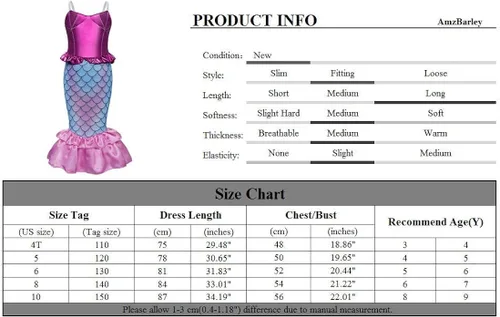 Vista 3 de AmzBarley Little Girls Mermaid Costume Outfits Princess Dress Birthday Party Cosplay Dress Up Clothes with Mermaid Headband