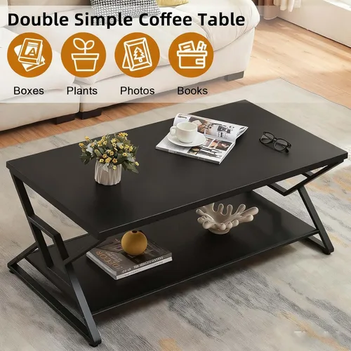 Vista 4 de HOMISSUE - Mesa de café, mesa de café rústica rectangular con almacenamiento de 2 niveles, mesa central de madera de ingeniería con estantes