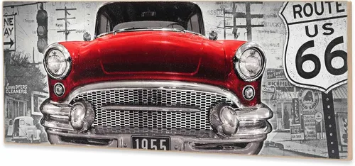 Vista 2 de Red Classic Car Route 66 Retro Wood Wall Decor – Arte de pared de coche clásico grande para hombre cueva, garaje o sala de estar Rojo