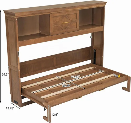 Vista 2 de MERITLINE Cama Murphy horizontal individual con estantes de almacenamiento, cajón y estación de carga, cama de pared de madera maciza con Madera