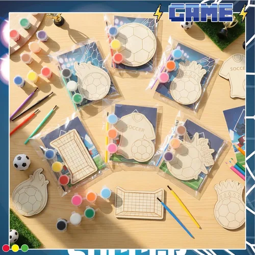Vista 4 de Chunful 24 juegos de recuerdos de fiesta de fútbol, pintura de madera, kits de manualidades, pintura de fútbol, artes y manualidades, regalos