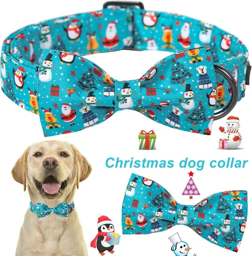 Vista 2 de ARING PET Collar de invierno para perro de Navidad, collar de algodón para perro con lazo, ajustable azul árbol de Navidad, collar para mascotas