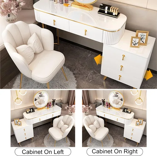 Vista 4 de Juego de tocador grande con luces LED, mesa de tocador de maquillaje con gabinete ajustable y taburete acolchado, 3 modos de iluminación, tocador