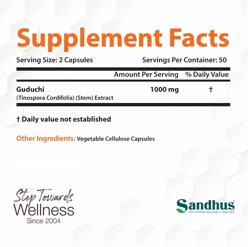 Vista 2 de Sandhu's Guduchi (Tinospora Cordifolia) Giloy 100 cápsulas vegetarianas de apoyo inmunológico 1000mg por porción