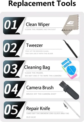 Vista 5 de Fundas de lente de cámara de repuesto para iPhone 13 Pro y 13Pro Max, repuesto de vidrio Len con adhesivo de doble cara y kit de herramientas