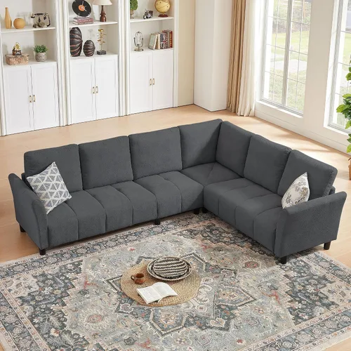 Vista 10 de Sofá modular modular en forma de L de 103 pulgadas, moderno sofá de tela de lino con fundas de cojín extraíbles, sofás modulares reversibles