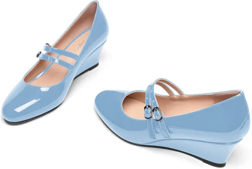 Vista 6 de SHOWFOREST Zapatos de tacón bajo con hebilla de punta redonda para mujer, con correa ajustable y correa ajustable, 2 pulgadas