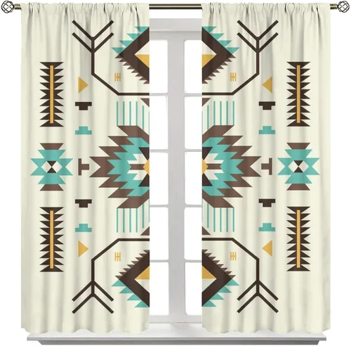 Vista 117 de Cortinas con patrón geométrico tribal, estilo suroeste, azteca, rústico, occidental, nativo americano, opacas, con bolsillo para barra, decoración